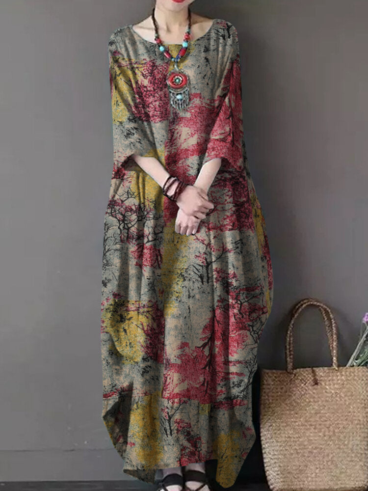 Printed O-neck Side Pockets Cotton 3/4 Sleeve Long Dress