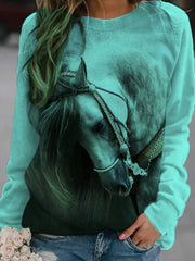 Horse Print Long Sleeve O-neck Casual Sweatshirt For Women