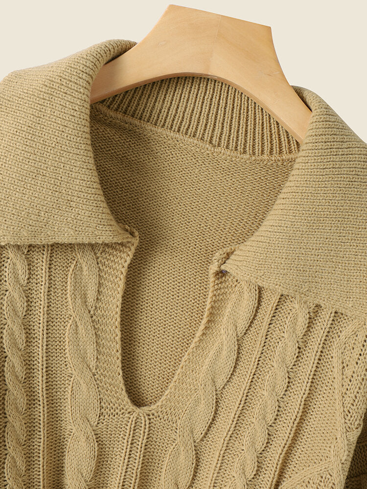 Cable Knit Solid Lapel Long Sleeve Casual Pullover Sweater