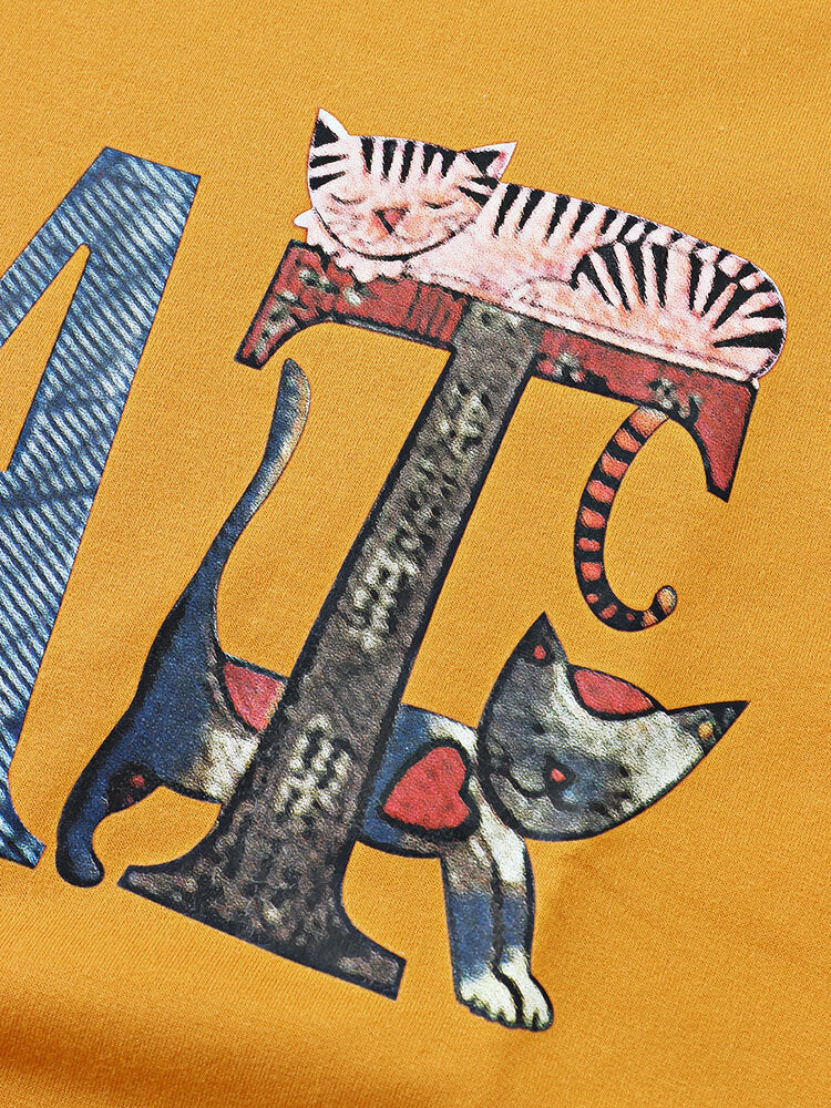 Cartoon Cat Print Long Sleeve O-neck Sweatshirt For Women