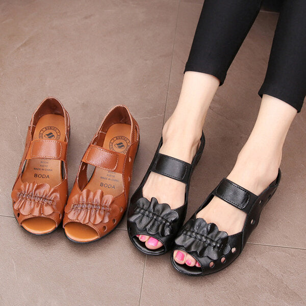 Peep Toe Leather Elastic Band Hollow Out Flat Comfortable Sandals