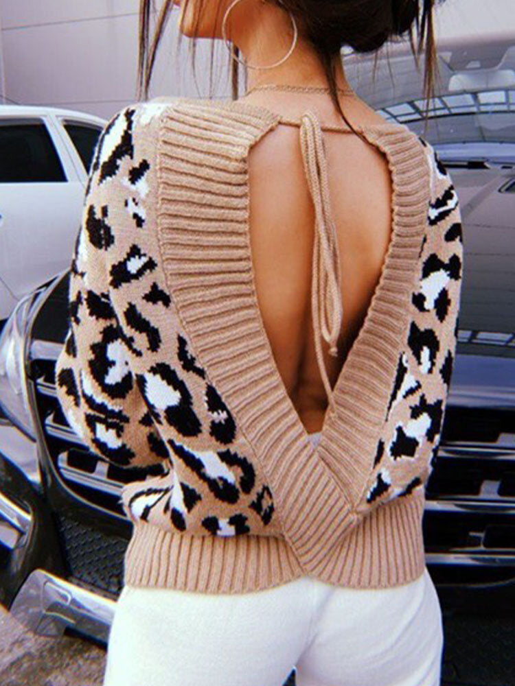 Leopard Backless Tie Front Long Sleeve Pullover Sweater