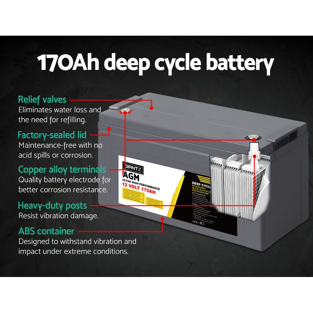 Giantz AGM Deep Cycle Battery 12V 170Ah Box Portable Solar Caravan Camping-ACT