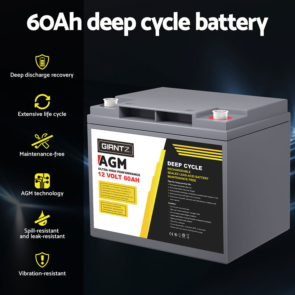 Giantz AGM Battery 12V 60Ah Deep Cycle Box Portable Solar Caravan Camping-ACT