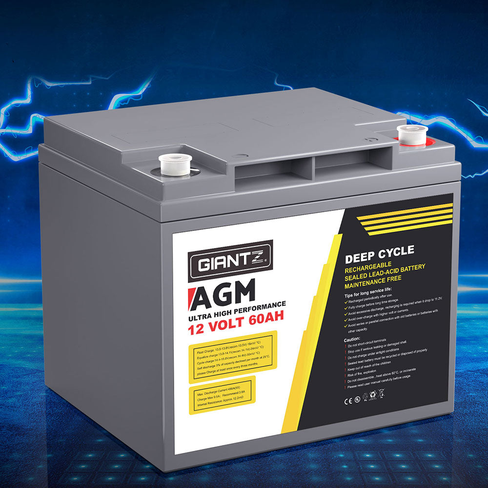 Giantz AGM Battery 12V 60Ah Deep Cycle Box Portable Solar Caravan Camping-ACT