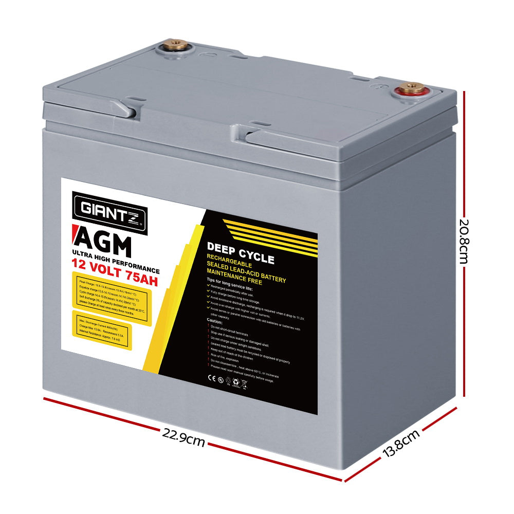 Giantz AGM Deep Cycle Battery 12V 75Ah Box Portable Solar Caravan Camping-ACT