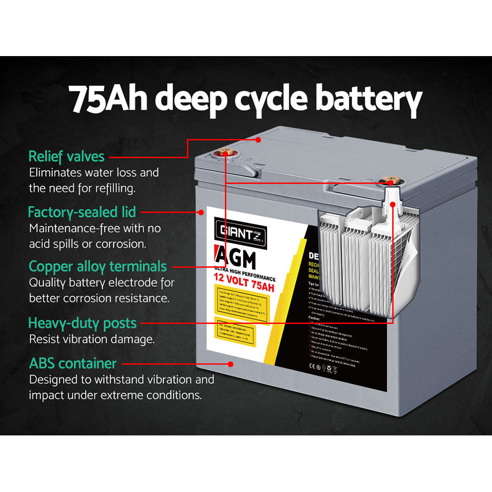 Giantz AGM Deep Cycle Battery 12V 75Ah x2 Box Portable Solar Caravan Camping-ACT