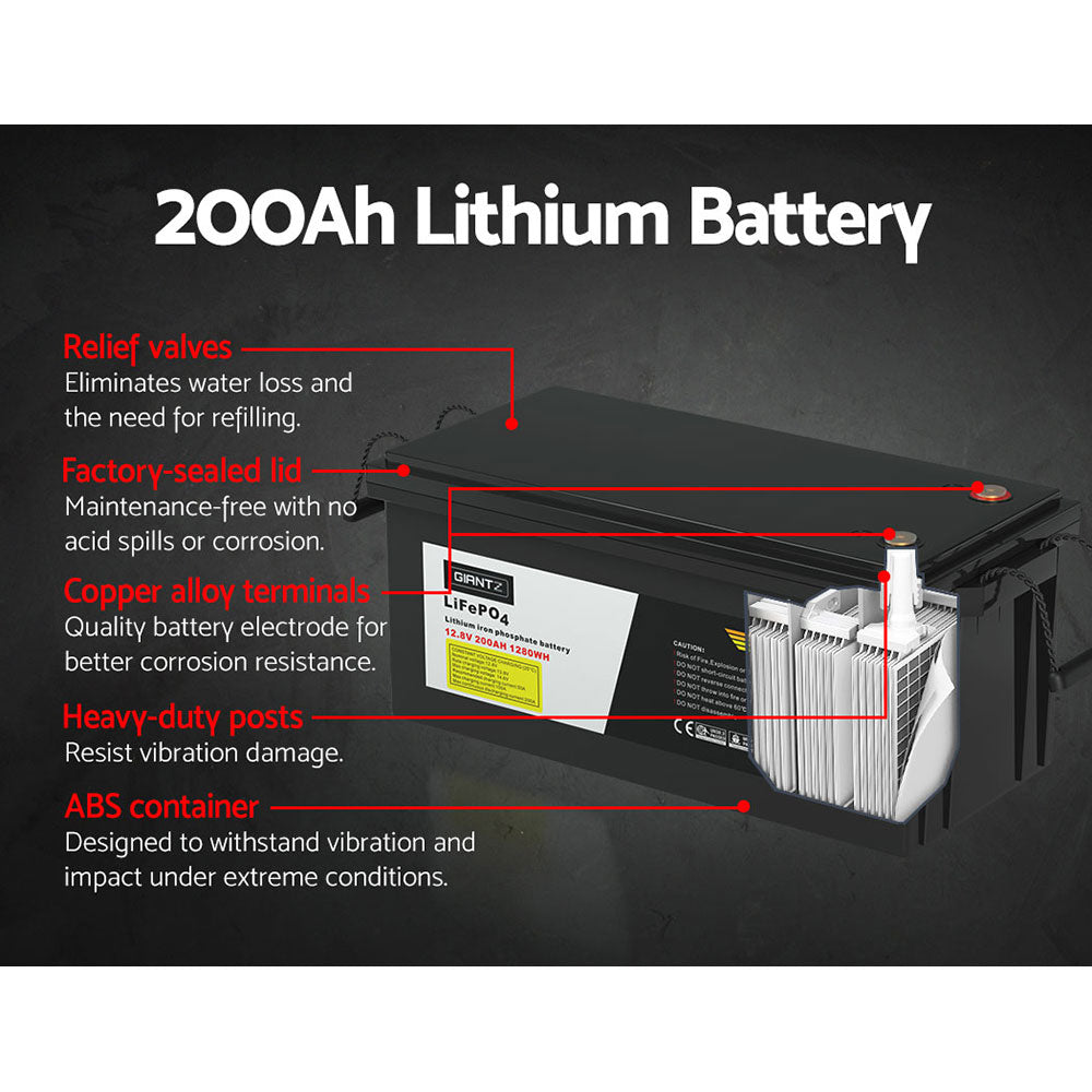 Giantz 12V 200Ah Lithium Battery LiFePO4 Deep Cycle Box Solar Caravan Camping-ACT