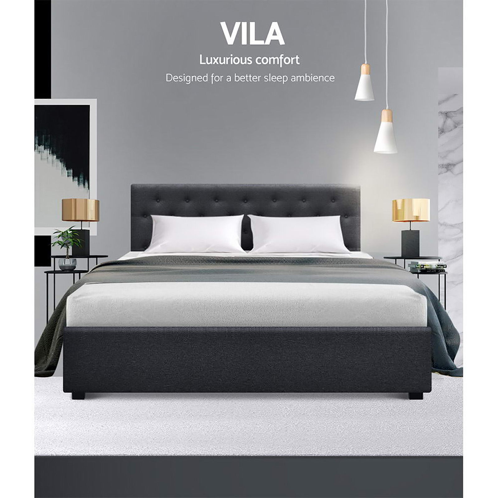 Artiss Bed Frame Queen Size Gas Lift Charcoal VILA-ACT