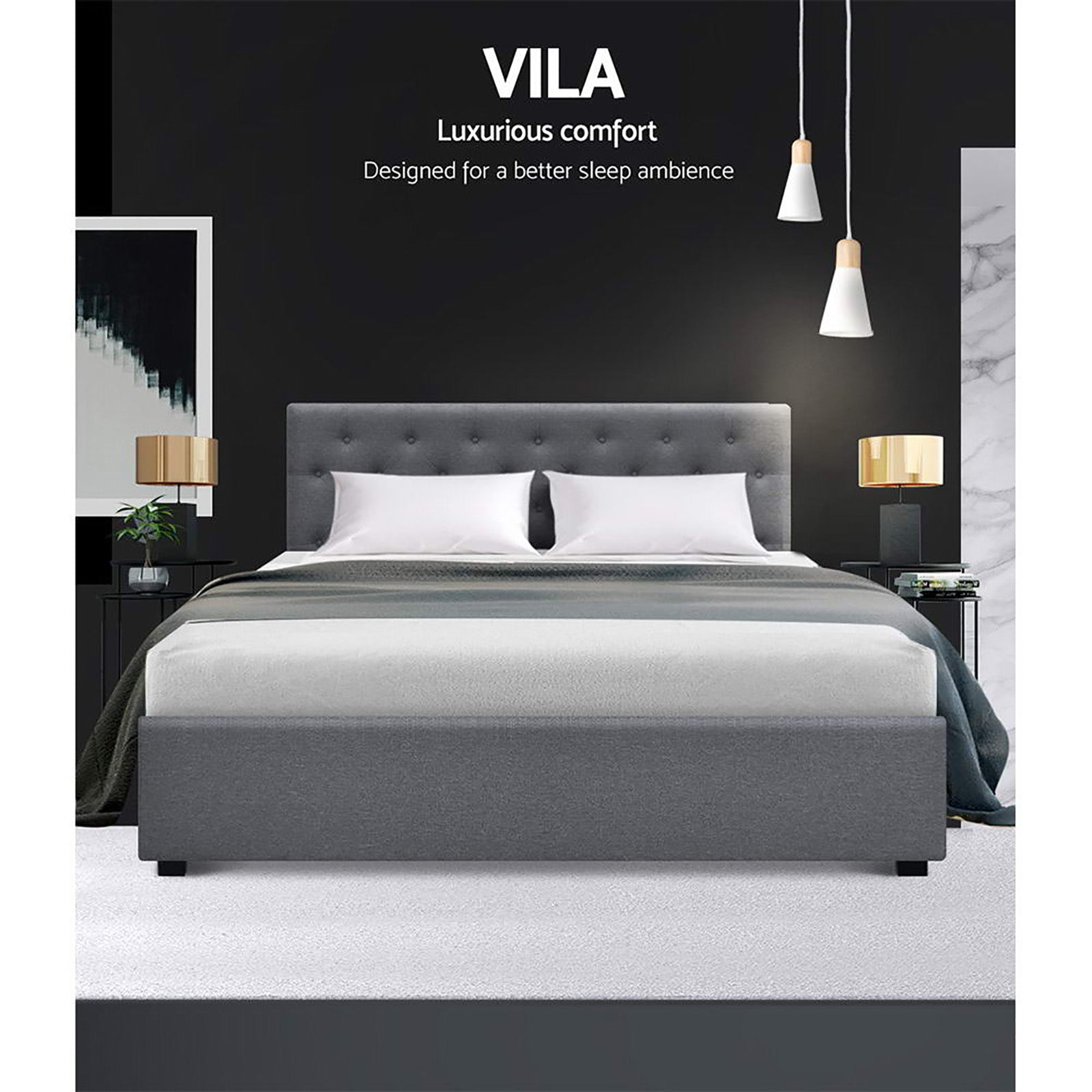 Artiss Bed Frame Queen Size Gas Lift Grey VILA-ACT