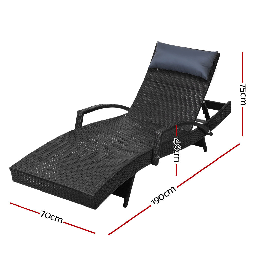 Gardeon Sun Lounge Wicker Lounger Outdoor Furniture Beach Chair Armrest Adjustable Black