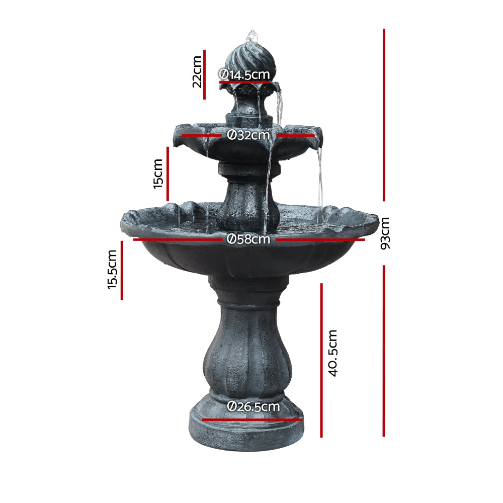 Gardeon Solar Water Feature 3-Tier Fountain with Pump Kit Bird Bath 93CM Black-NSW_Metro