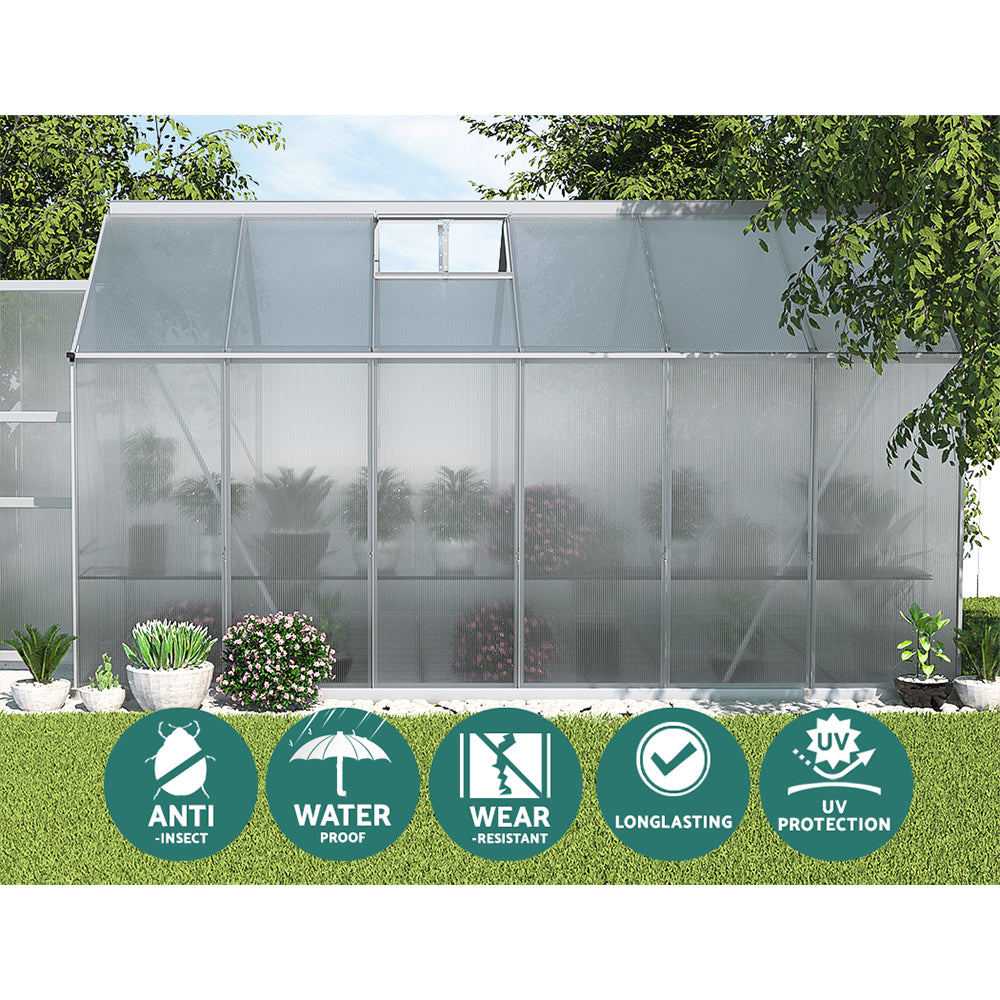 Greenfingers Greenhouse 3.7x2.5x2.26M Double Doors Aluminium Green House Garden Shed-SA_Metro