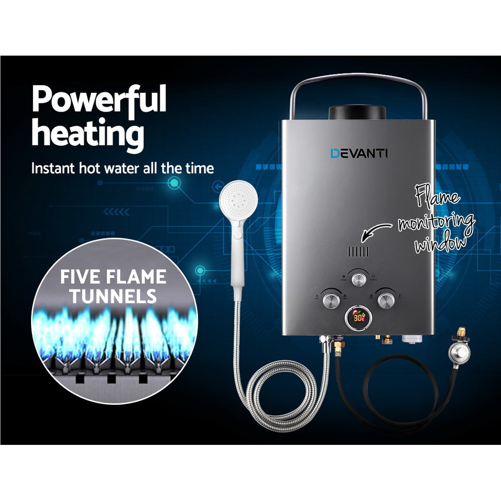 Devanti Portable Gas Water Heater 8L/Min LPG System Grey