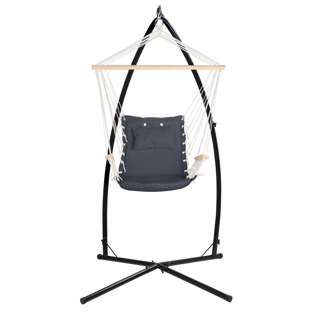 Gardeon Hammock Chair with Steel Stand Armrest Outdoor Hanging Grey