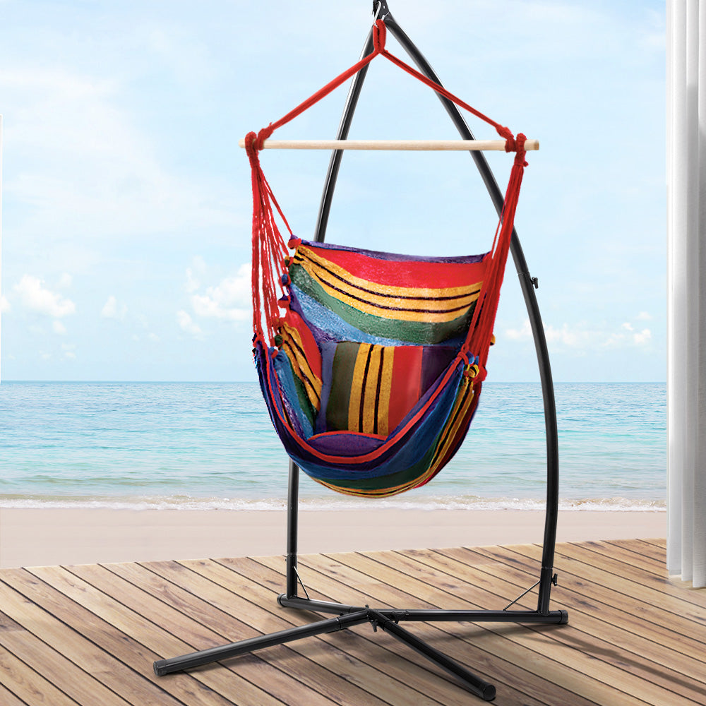 Gardeon Hammock Chair Outdoor Camping Hanging with Steel Stand Rainbow