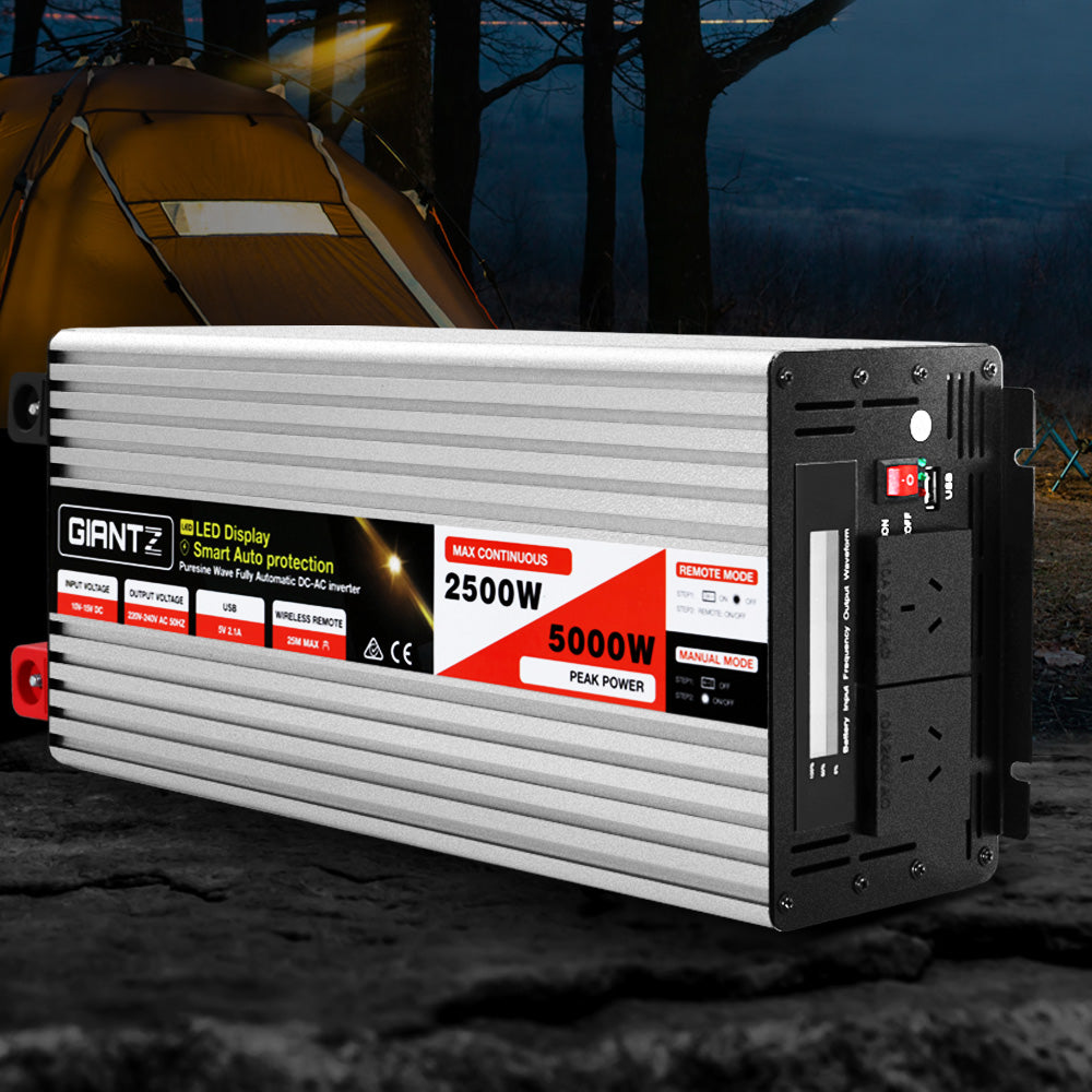 Giantz Power Inverter 12V to 240V 2500W/5000W Pure Sine Wave Camping Car Boat