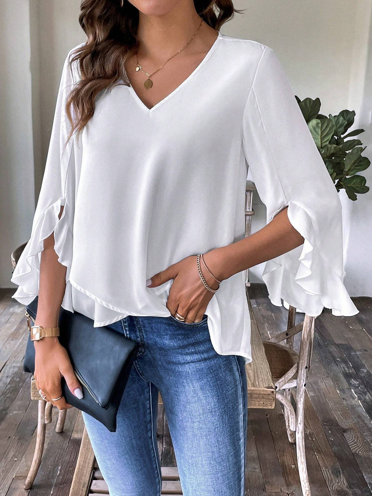 Solid Flounce Sleeve Wrap Hem Blouse