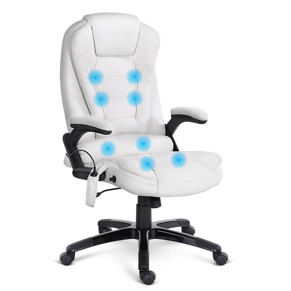 Artiss 8 Point Massage Office Chair Heated Seat Recliner PU White-REMOTE