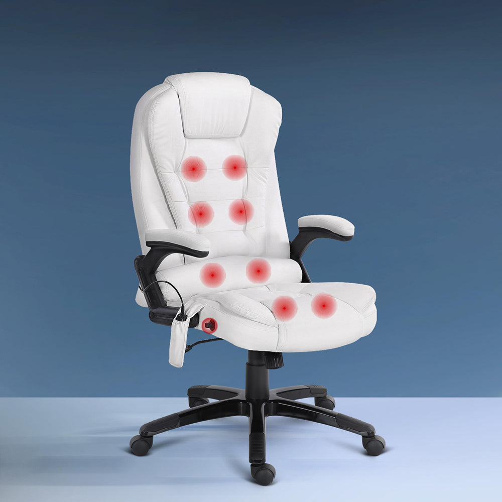 Artiss 8 Point Massage Office Chair Heated Seat Recliner PU White-QLD_Metro