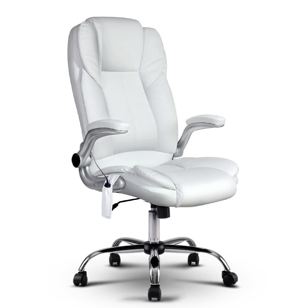 Artiss 8 Point Massage Office Chair PU Leather White-ACT