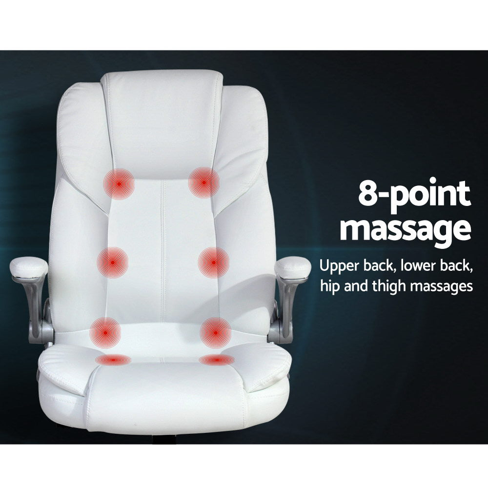 Artiss 8 Point Massage Office Chair PU Leather White-REMOTE