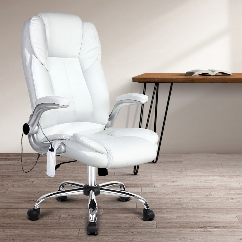 Artiss 8 Point Massage Office Chair PU Leather White-ACT