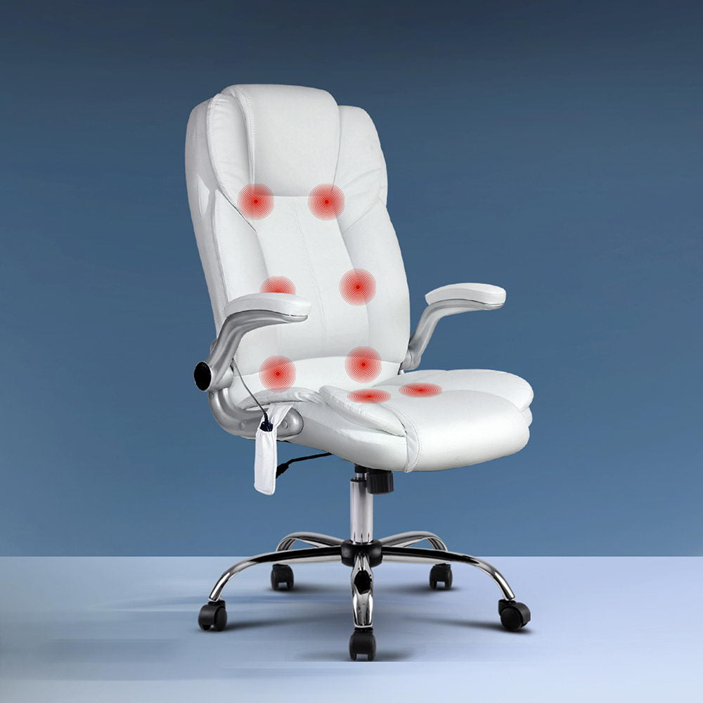 Artiss 8 Point Massage Office Chair PU Leather White-SA_Rural