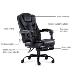 Artiss 2 Point Massage Office Chair PU Leather Footrest Black-WA_Metro