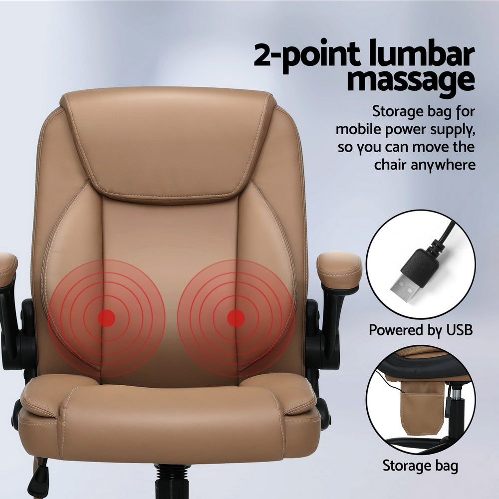 Artiss 2 Point Massage Office Chair Leather Mid Back Espresso-REMOTE