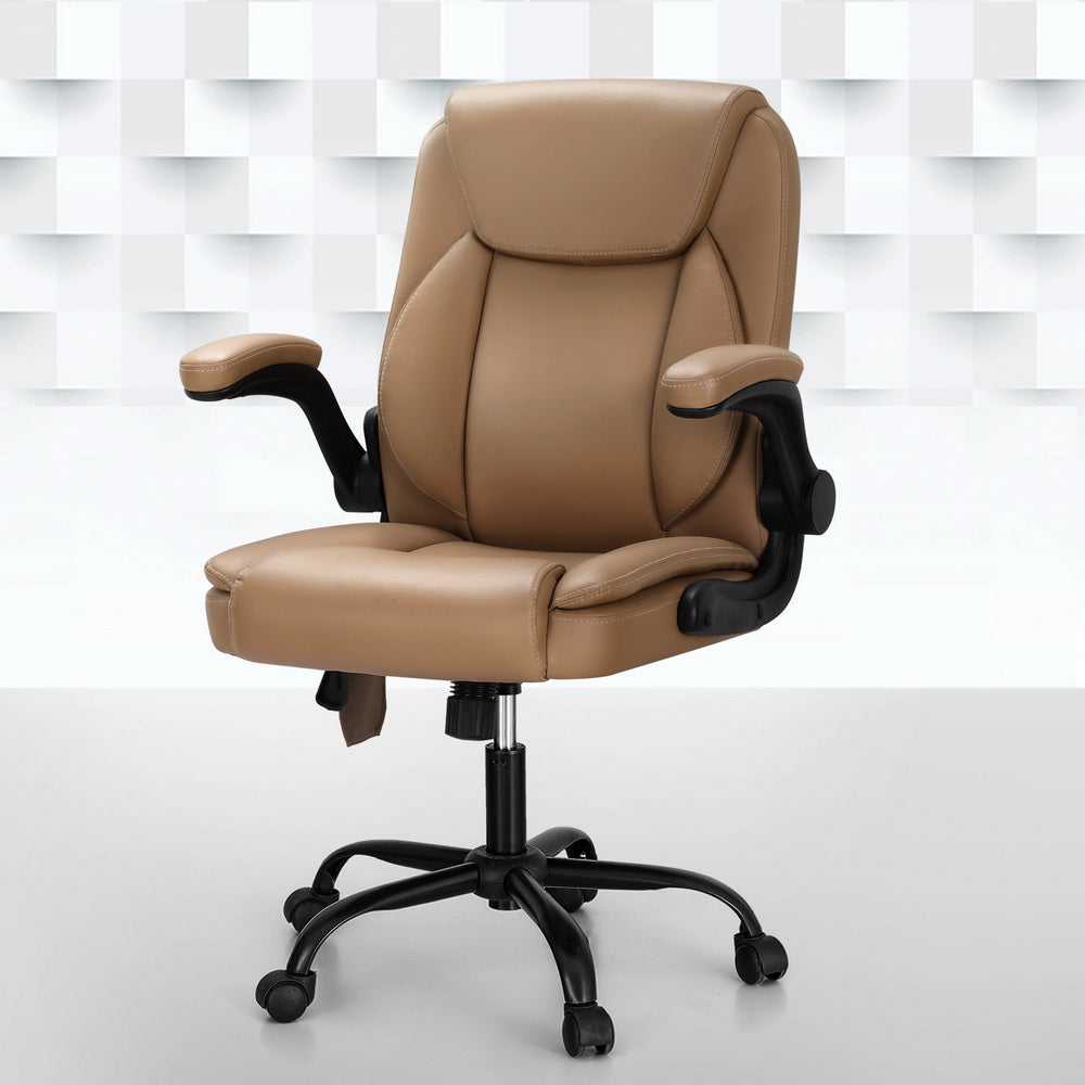 Artiss 2 Point Massage Office Chair Leather Mid Back Espresso-REMOTE