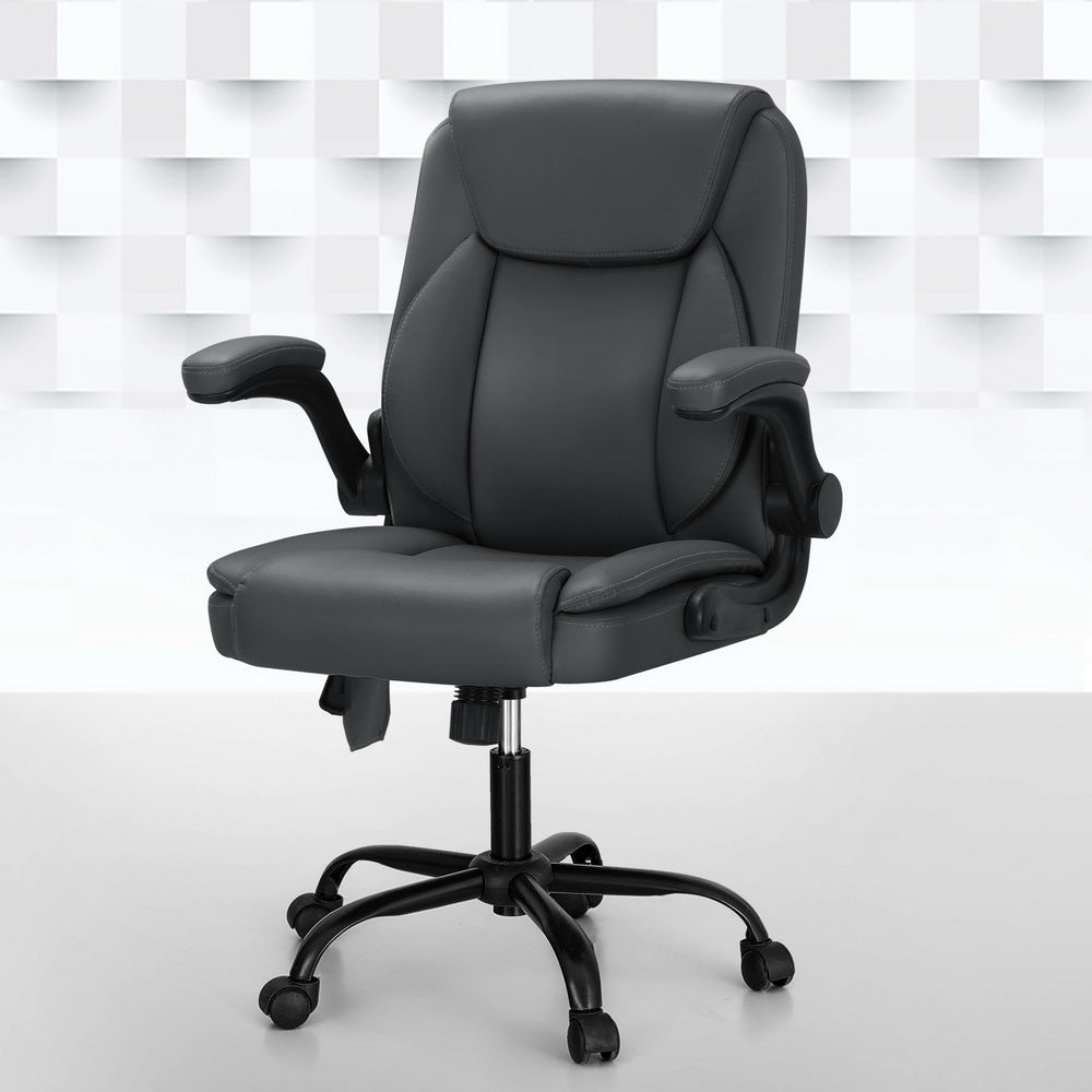 Artiss 2 Point Massage Office Chair Leather Mid Back Grey-ACT