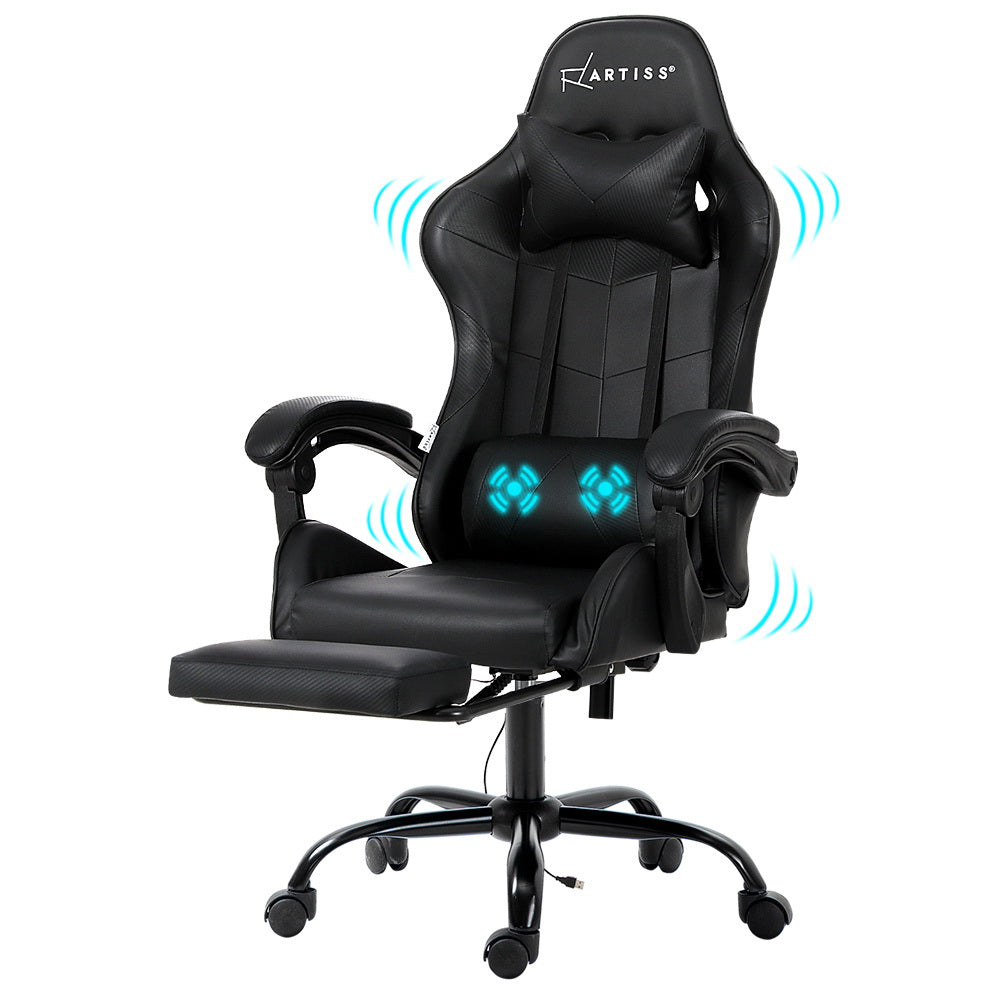 Artiss 2 Point Massage Gaming Office Chair Footrest Black-TAS_Rural