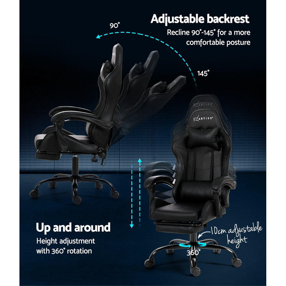 Artiss 2 Point Massage Gaming Office Chair Footrest Black-ACT