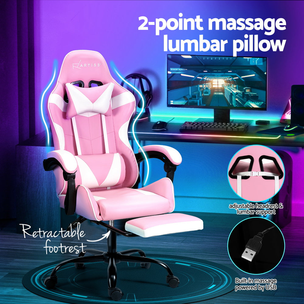 Artiss 2 Point Massage Gaming Office Chair Footrest Pink-ACT