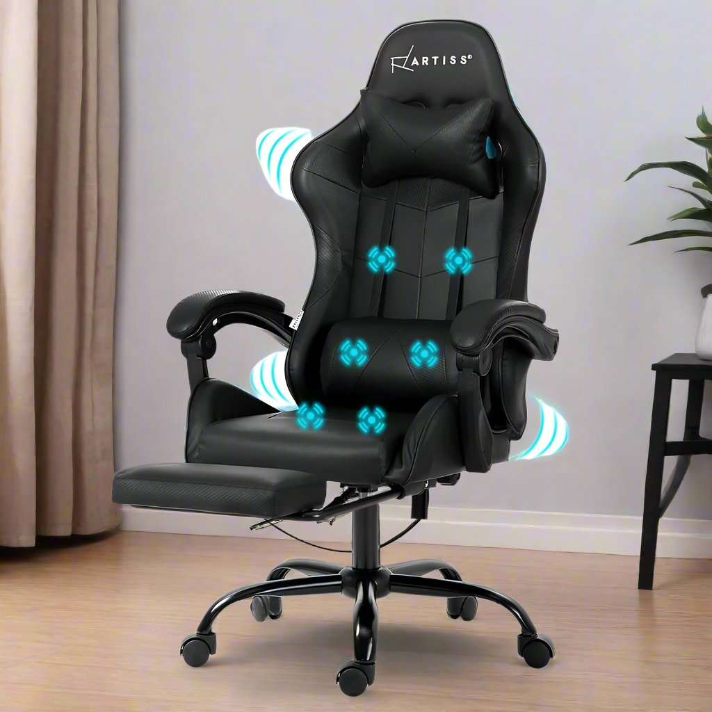 Artiss 6 Point Massage Gaming Office Chair Footrest Black-ACT