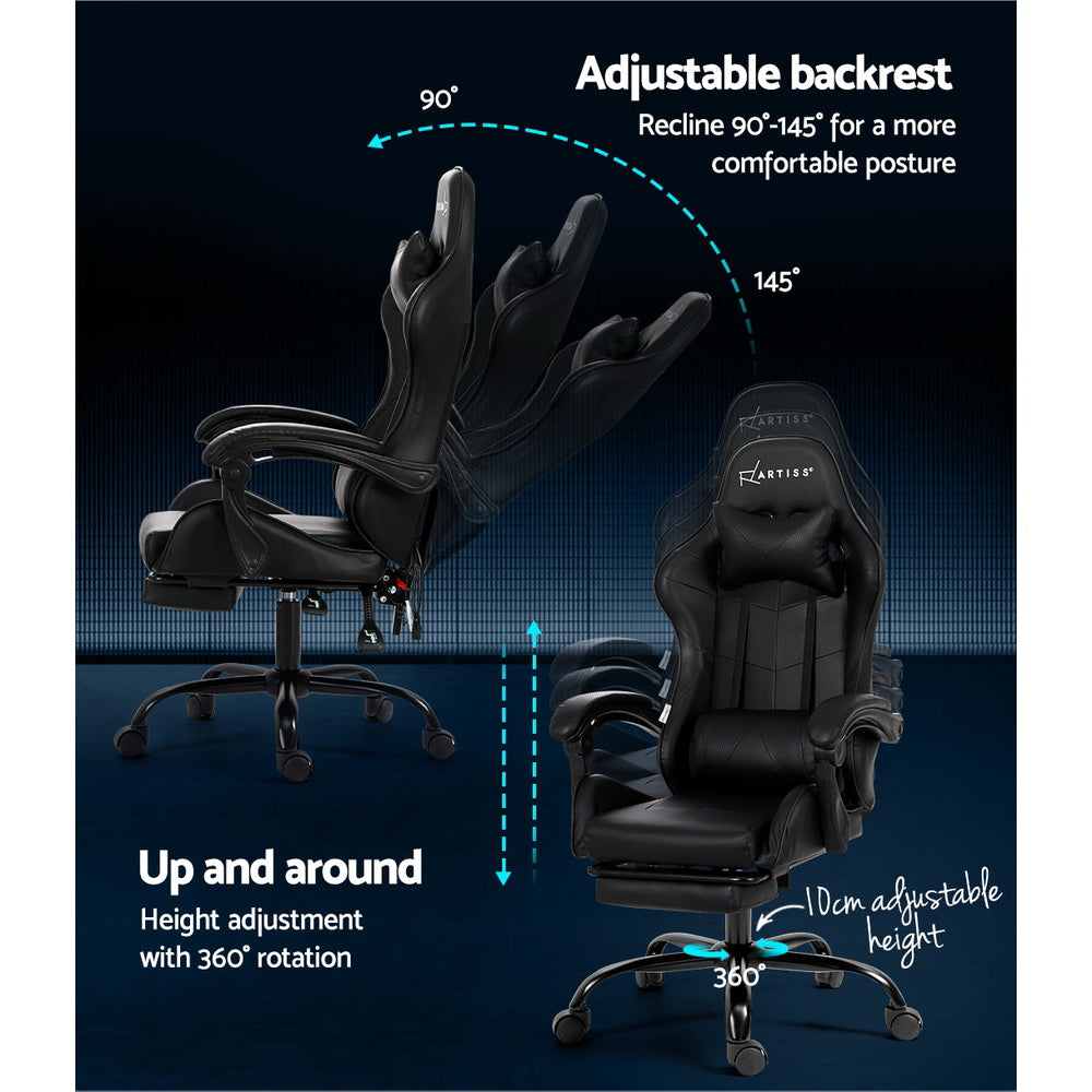 Artiss 6 Point Massage Gaming Office Chair Footrest Black-ACT