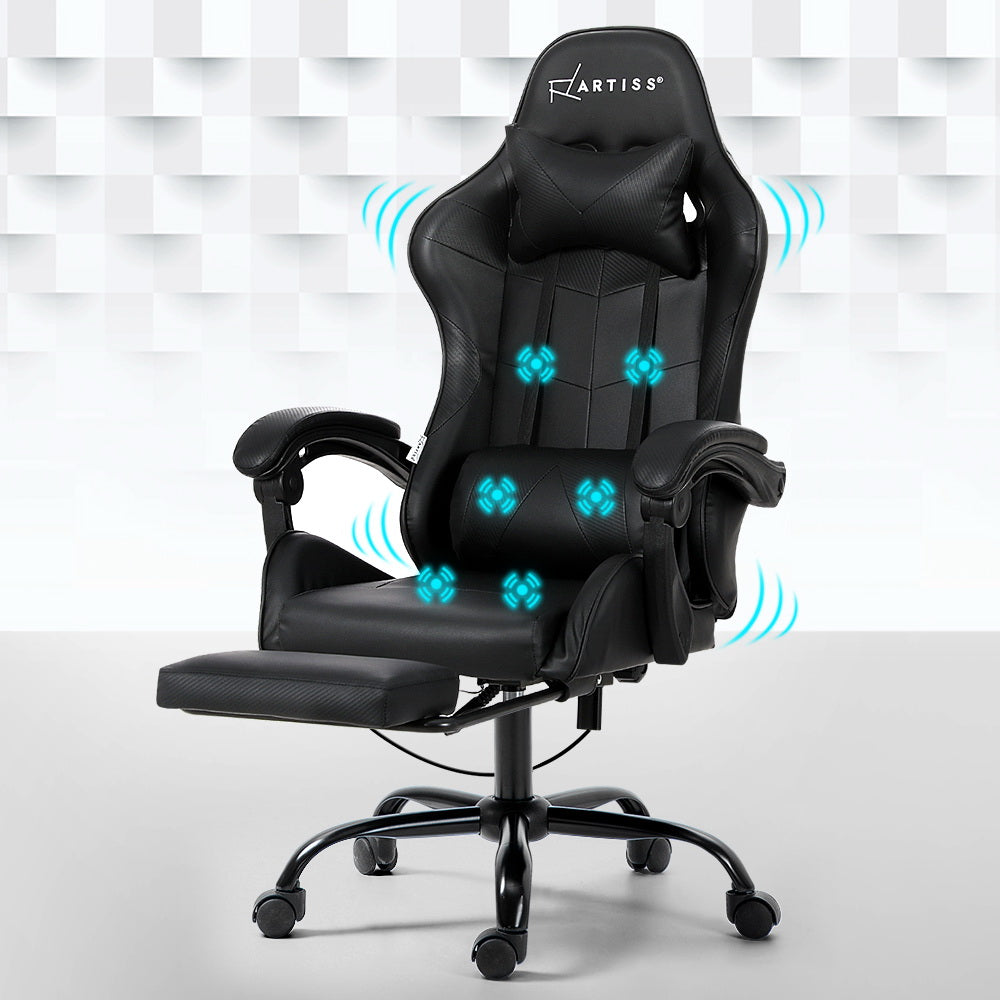 Artiss 6 Point Massage Gaming Office Chair Footrest Black-ACT