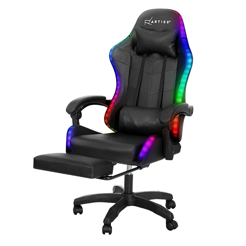 Artiss 6 Point Massage Gaming Office Chair 7 LED Footrest Black-NSW_Metro