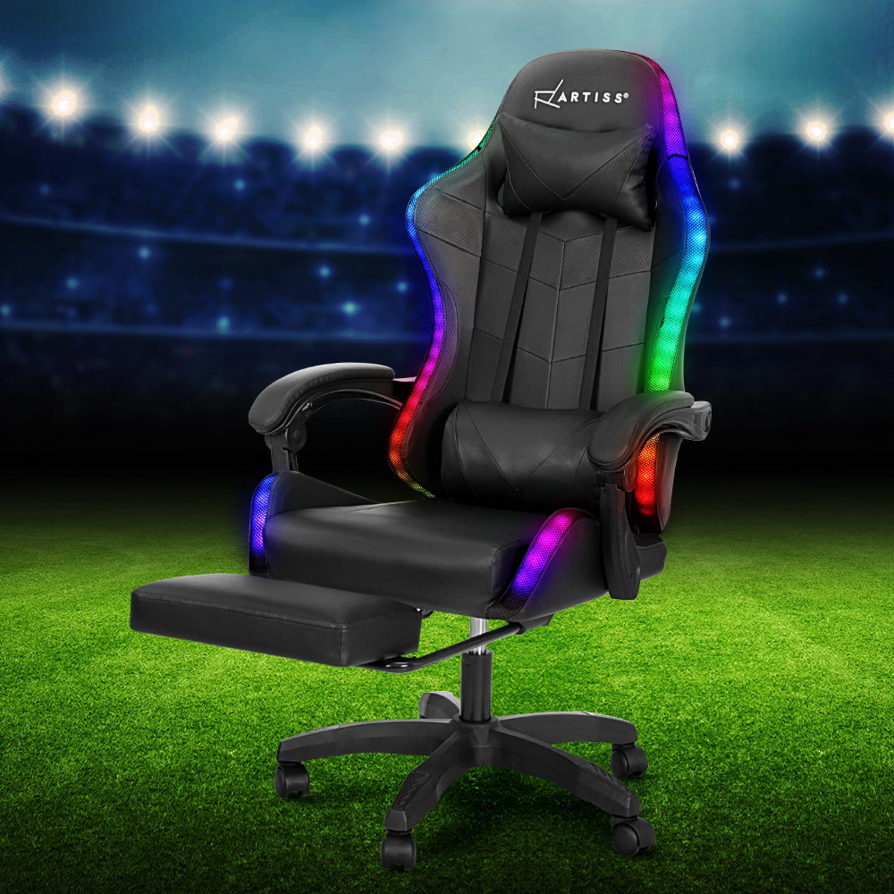 Artiss 6 Point Massage Gaming Office Chair 7 LED Footrest Black-NSW_Metro