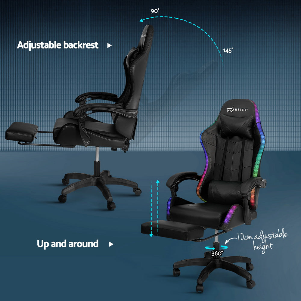 Artiss 6 Point Massage Gaming Office Chair 7 LED Footrest Black-NSW_Metro