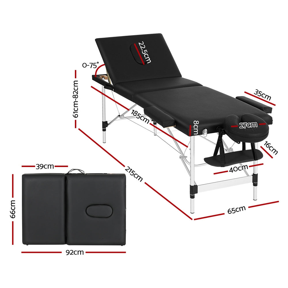 Zenses Massage Table 65cm Portable 3 Fold Aluminium Beauty Bed Black-REMOTE
