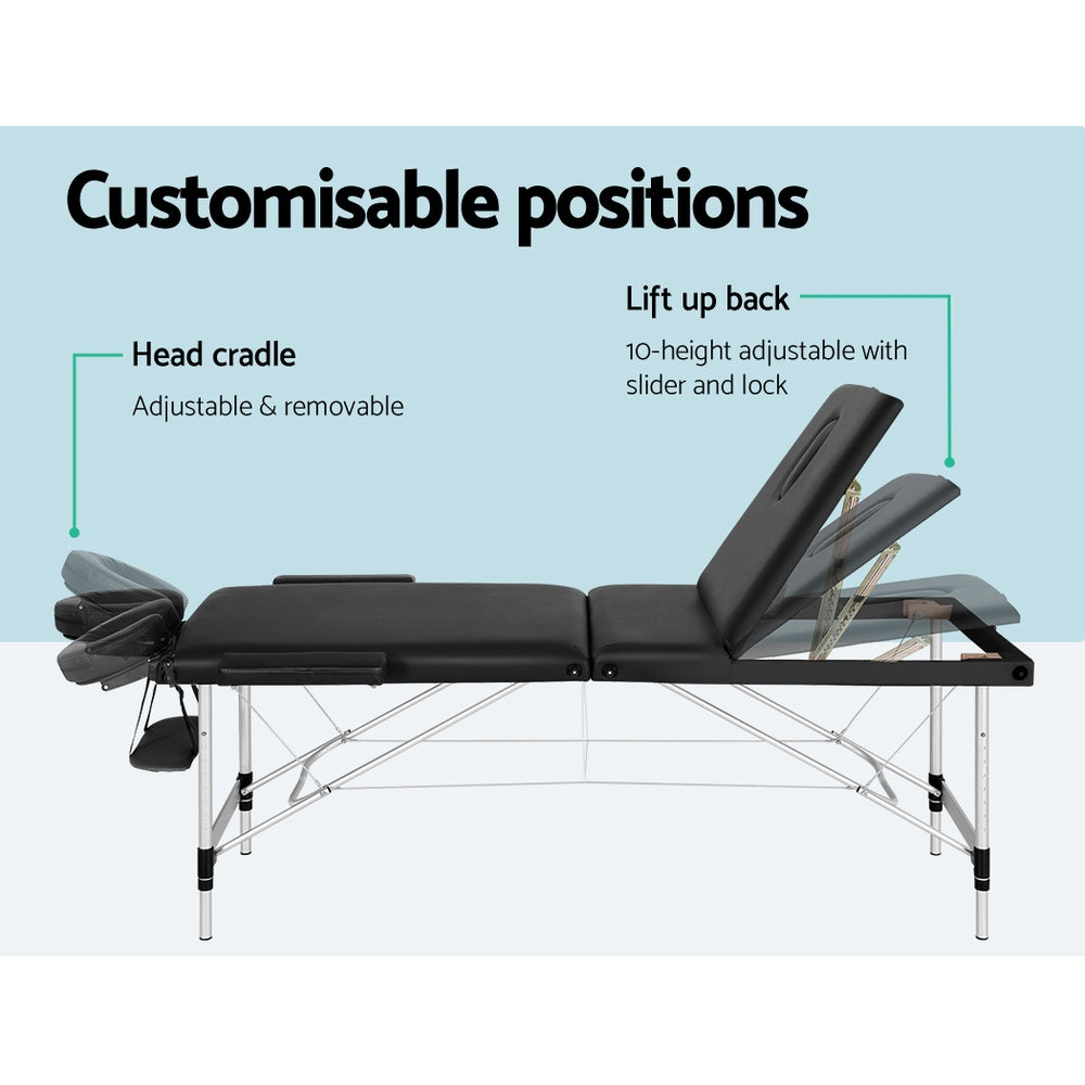 Zenses Massage Table 65cm Portable 3 Fold Aluminium Beauty Bed Black-REMOTE