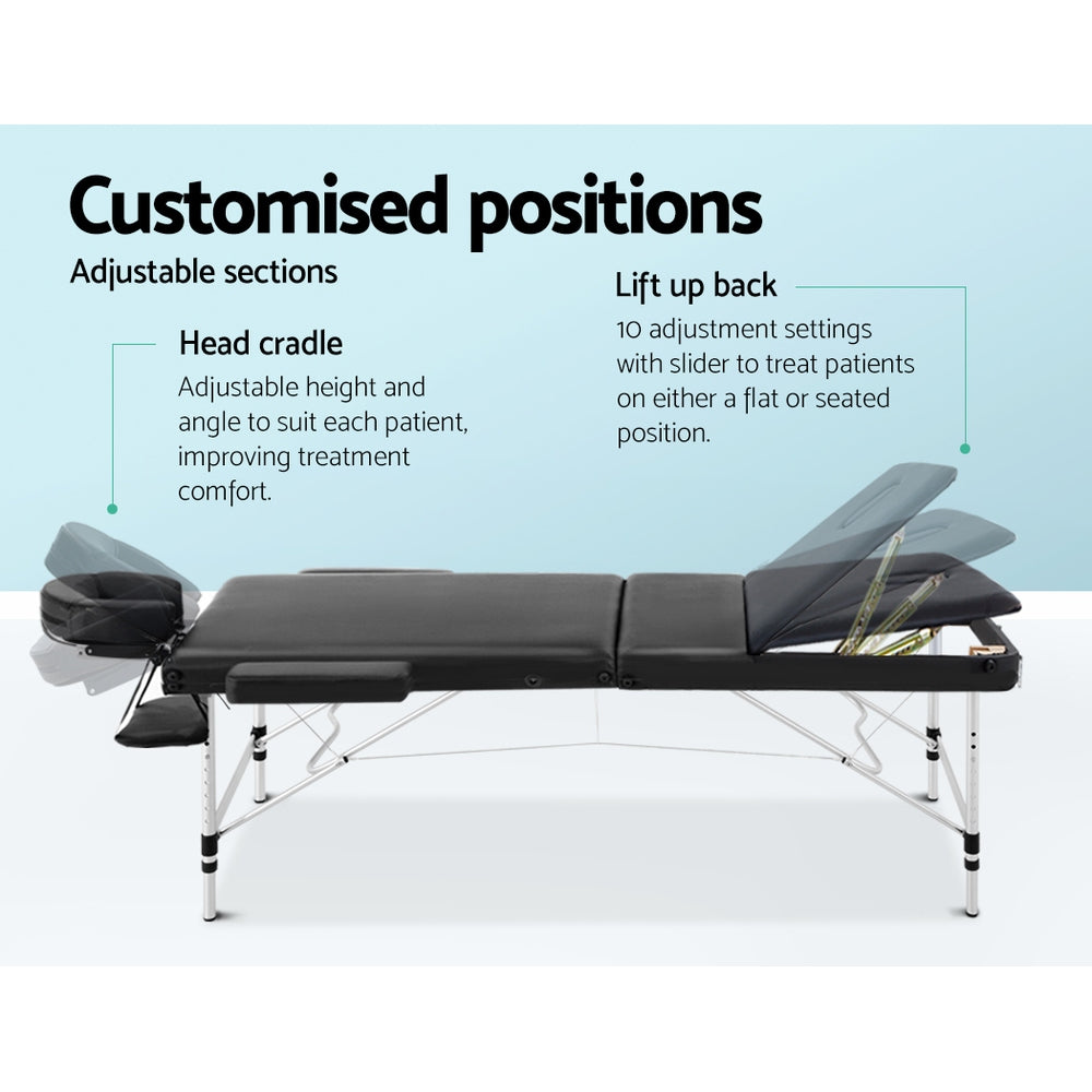 Zenses Massage Table 75cm Portable 3 Fold Aluminium Beauty Bed Black-VIC_Rural