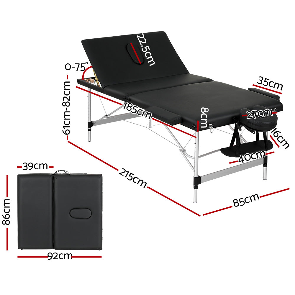 Zenses Massage Table 85cm Portable 3 Fold Aluminium Beauty Bed Black-NT_Metro