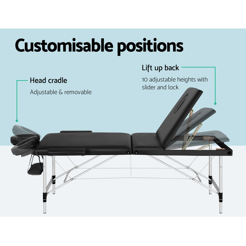 Zenses Massage Table 85cm Portable 3 Fold Aluminium Beauty Bed Black-NT_Metro