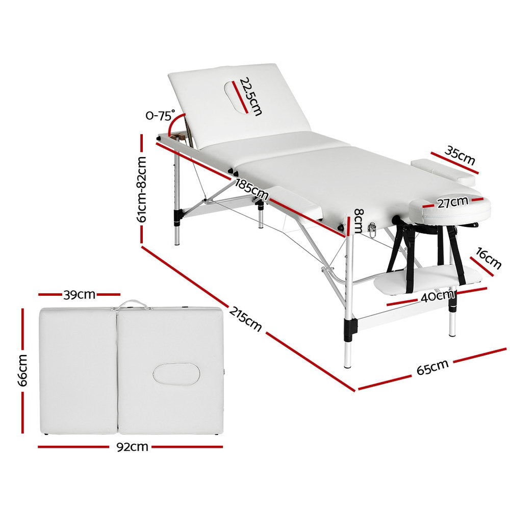 Zenses Massage Table 65cm Portable 3 Fold Aluminium Beauty Bed White-QLD_Metro
