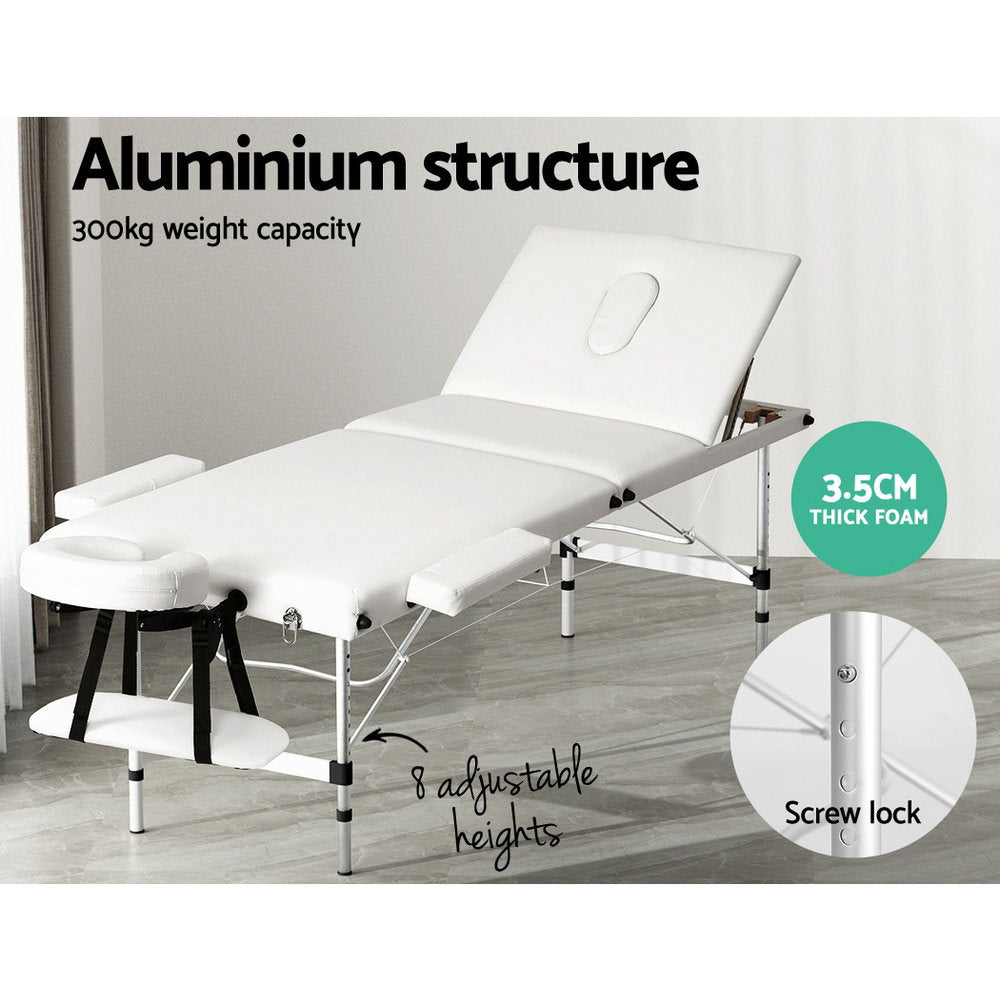 Zenses Massage Table 65cm Portable 3 Fold Aluminium Beauty Bed White-QLD_Metro