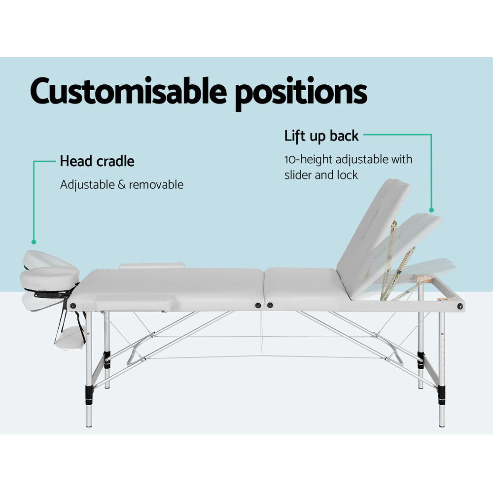 Zenses Massage Table 65cm Portable 3 Fold Aluminium Beauty Bed White-WA_Metro