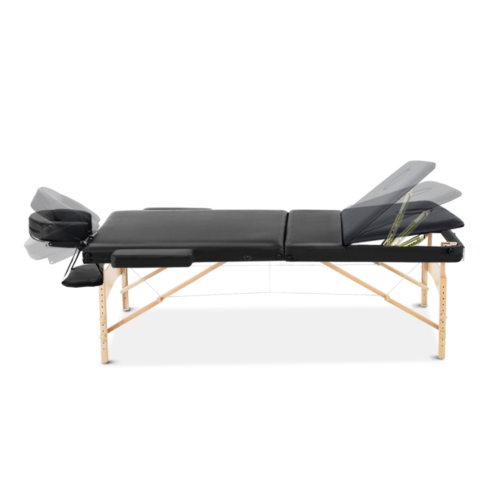 Zenses Massage Table 60cm Portable 3 Fold Wooden Beauty Bed Black-VIC_Rural